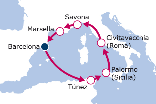Itinerario de Túnez, Italia y Francia