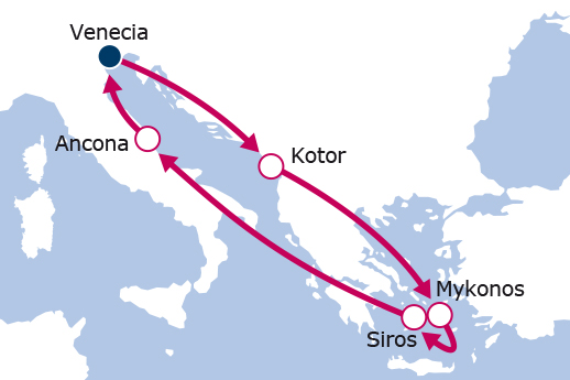 Itinerario de Montenegro, Grecia, Italia 